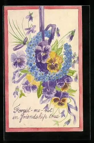 Künstler-AK Handgemalt: Vergissmeinnicht mit Stiefmütterchen, Blumen