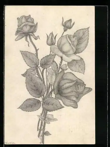Künstler-AK Handgemalt: Rosen mit Blättern