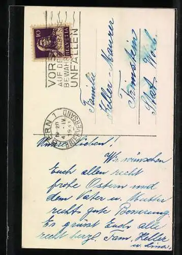 AK Osterhase mit bunten Ostereiern und Weidenkätzchen