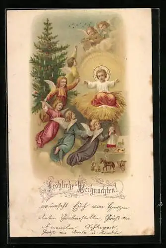 Lithographie Weihnachtsengel bringen Geschenke für das Christkind