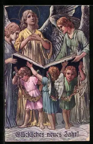 AK Kleine Neujahrsengel halten riesiges Buch