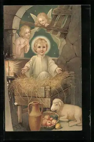AK Weihnachtsengel schauen durch das Fenster auf Jesus herab