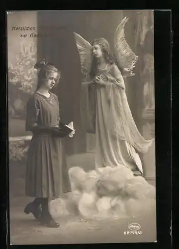 AK Engel und Mädchen mit Bibel bei der Konfirmation