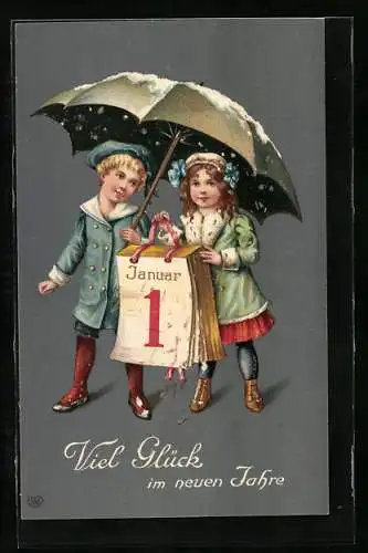 Präge-AK Kinder mit grossem Schirm treten ins Neujahr