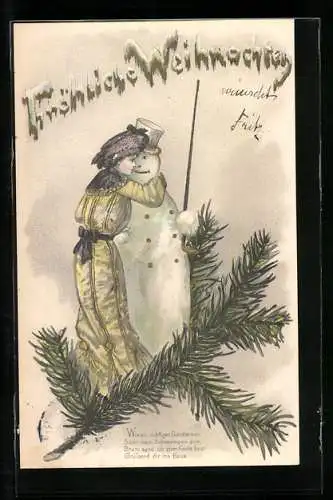 Präge-AK Junge Frau umarmt einen Schneemann zu Weihnachten