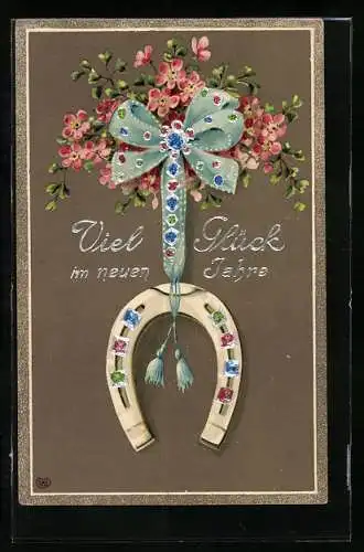 AK Hufeisen mit blauer Schleife und Blumen als Glückbringer zu Neujahr