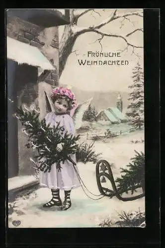 AK Weihnachtsengel mit Schlitten und Christbaum vor der Tür