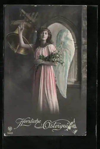 AK Osterengel vor läutender Glocke