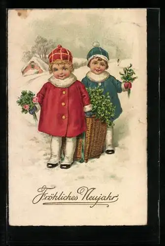AK Kinder mit Kleeblatt-Sträussen zu Neujahr im Schnee