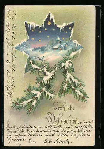 Lithographie Weihnachtsstern mit Zweigen und verschneitem Ort, Weihnachten