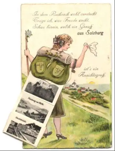 Leporello-AK Salzburg, Ansichten hinterm Rucksack, Feste Hohensalzburg, Staatsbrücke, Residenzbrunnen und Glockenspiel