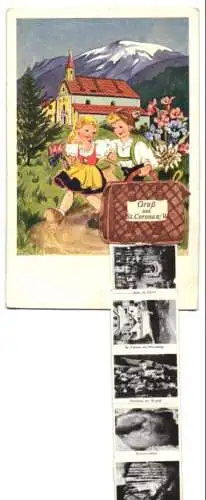 Leporello-AK St. Corona a. W., Ansichten hinter der Tasche, Altar der Kirche, Kirchberg am Wechsel, Hermannshöhle