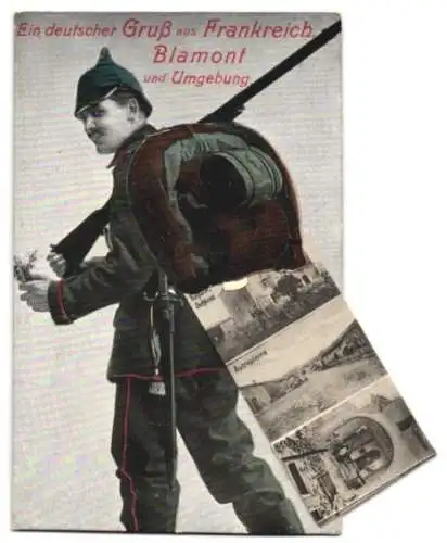 Leporello-AK Blamont, deutscher Soldat mit Gewehr und Rucksack, Schloss Repaix, Verdenal, Halloville, Domevre