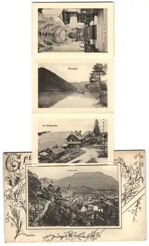 Leporello-AK Mariazell, Totalansicht, Marienfall, Innenansicht der Kirche, Bürgeralpl