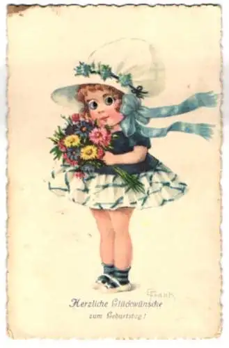 Glasaugen-Künstler-AK Elly Frank: Süsse Gratulantin mit Blumenstrauss