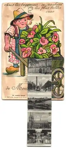Leporello-AK Moulins, Ansichten in der Schubkarre, La Place d`Allier, La Gare, La Cathedrale