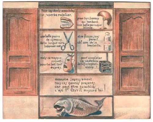 Mechanische-AK Schrank mit Gebiss, Perücke, Fisch