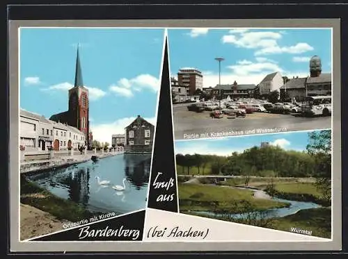 AK Bardenberg, Teichpartie mit Kirche, Krankenhaus und Wasserturm, Wurmtal