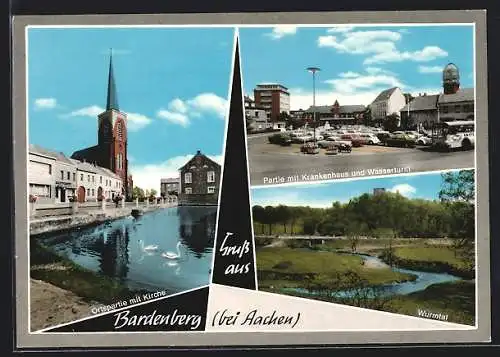 AK Bardenberg /Aachen, Ortspartie mit Krankenhaus und Wasserturm, Wurmtal