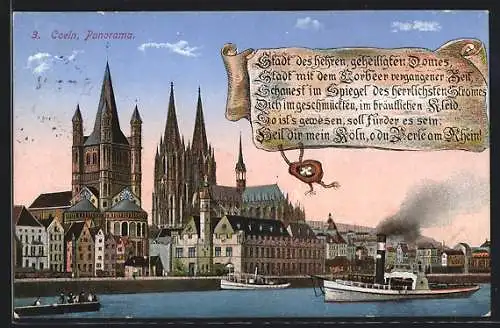 AK Köln, Panoramablick mit Dom und Dampfer