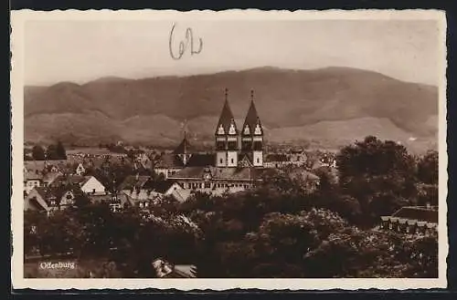 AK Offenburg, Teilansicht mit Blick in die Berge