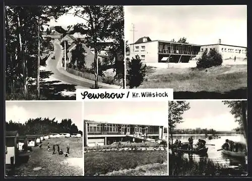 AK Sewekow /Kr. Wittstock, Blick auf Dorfstrasse, Strand am Langenhagen See, Gaststätte am See