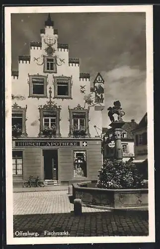 AK Offenburg, Fischmarkt mit Hirsch Apotheke