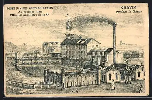 Künstler-AK Carvin, Fosse No. 4 des Mines de Carvin, Au premier Plan l`Hopital auxiliaire de la Cie.
