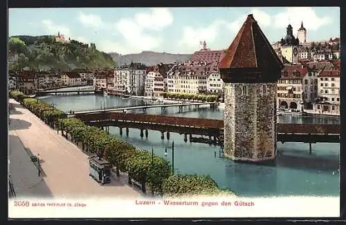 AK Luzern, Wasserturm gegen den Gütsch, Strassenbahn