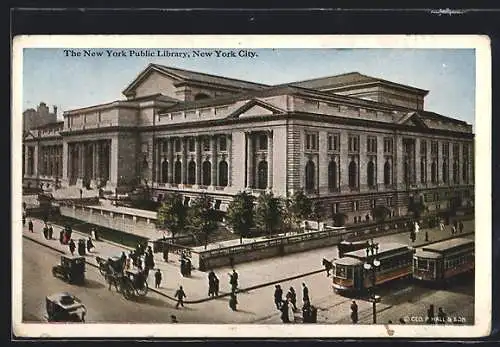 AK New York City, The New York Public Library, Strassenbahn