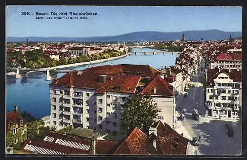 AK Basel, Teilansicht mit den drei Rheinbrücken und Strassenbahn