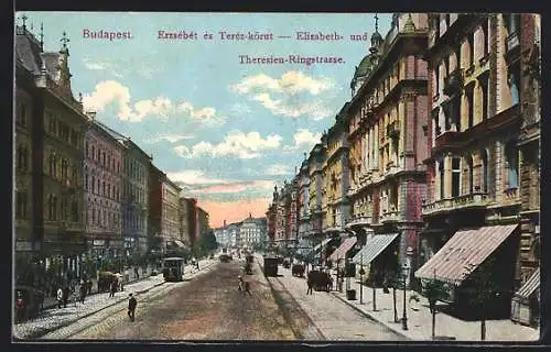 AK Budapest, Erzsebet es Terez-köut, Strassenbahn