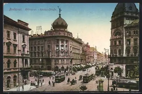 AK Budapest, Rákóczi-Strasse mit Strassenbahn