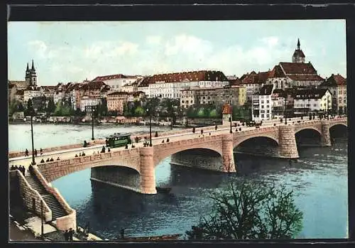 AK Basel, Neue mittlere Rheinbrücke mit Strassenbahn und Passanten