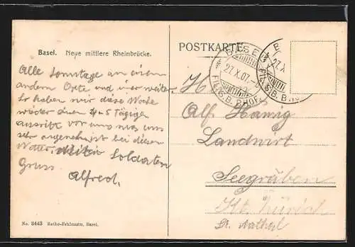 AK Basel, Neue mittlere Rheinbrücke mit Strassenbahn und Passanten