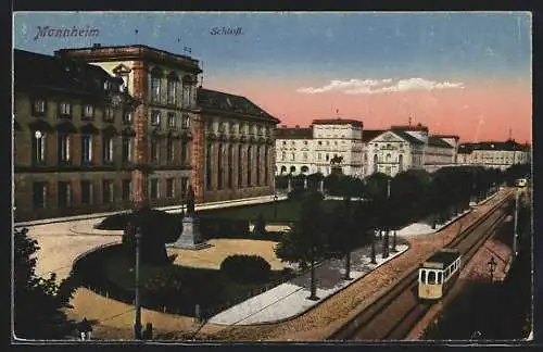 AK Mannheim, Schloss und Strassenbahn