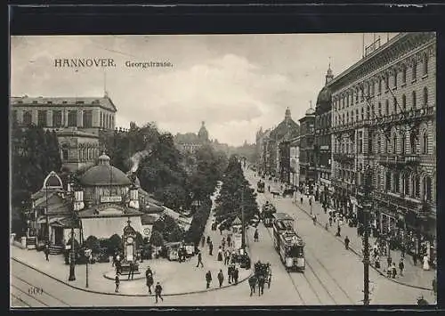 AK Hannover, Georgstrasse mit Cafe Kröpcke und Strassenbahn