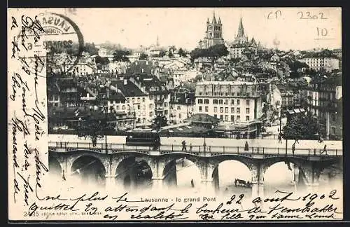 AK Lausanne, Le grand Pont, Strassenbahn