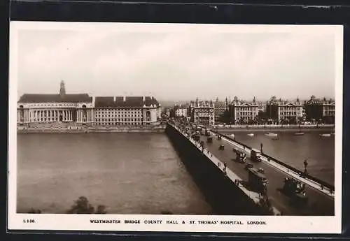 AK London, Westminster Bridge County Hall & St.. Thomas` Hospital, Strassenbahn