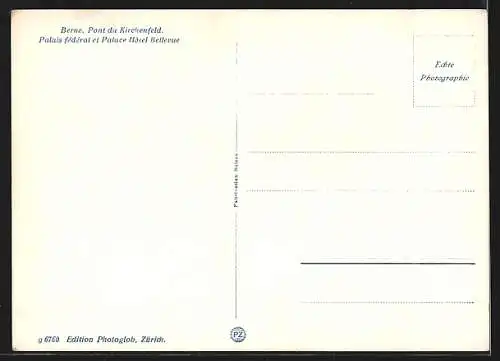 AK Bern, Palace Hotel Bellevue, Bundespalast und Kirchenfeldbrücke mit Strassenbahn