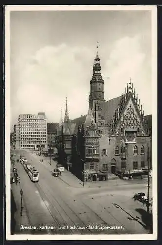 AK Breslau, Rathaus und Hochhaus, Strassenbahn