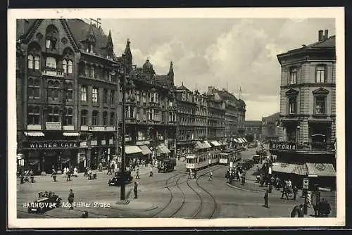 AK Hannover, Strasse mit Wiener Cafe, Geschäften und Strassenbahn