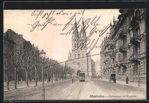 AK Wiesbaden, Rheinstrasse mit Ringkirche, Strassenbahn, Kutsche