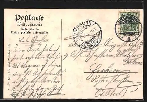 AK Wiesbaden, Rheinstrasse mit Ringkirche, Strassenbahn, Kutsche