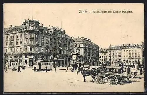 AK Zürich, Strassenbahn und Escher Denkmal am Bahnhofplatz