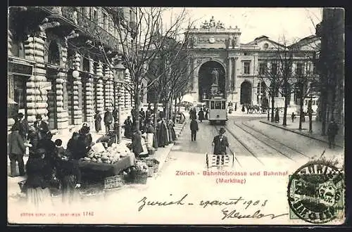 AK Zürich, Strassenbahn in der Bahnhofstrasse vor dem Bahnhof