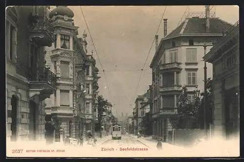 AK Zürich, Strassenbahn in der Seefeldstrasse