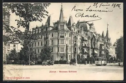 AK Zürich, Weisses Schloss mit Strassenbahn