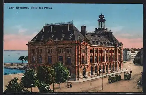 AK Neuchâtel, Strassenbahn vor Hotel des Postes