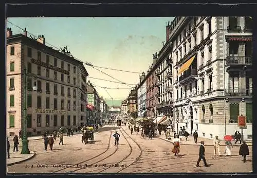 AK Geneve, La Rue du Mont Blanc, Strassenbahn